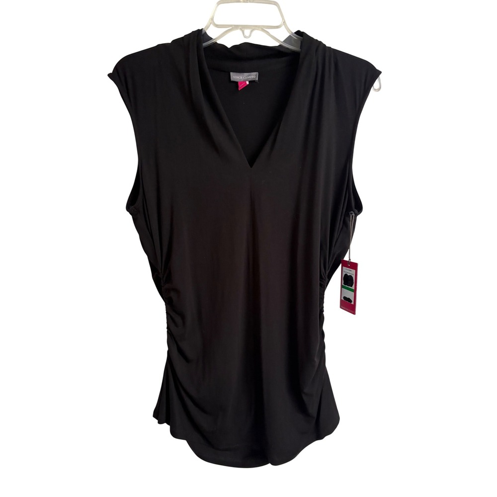 Vince Camuto Womens V-Neck Ruched Side Sleeveless Top Rich Black Large